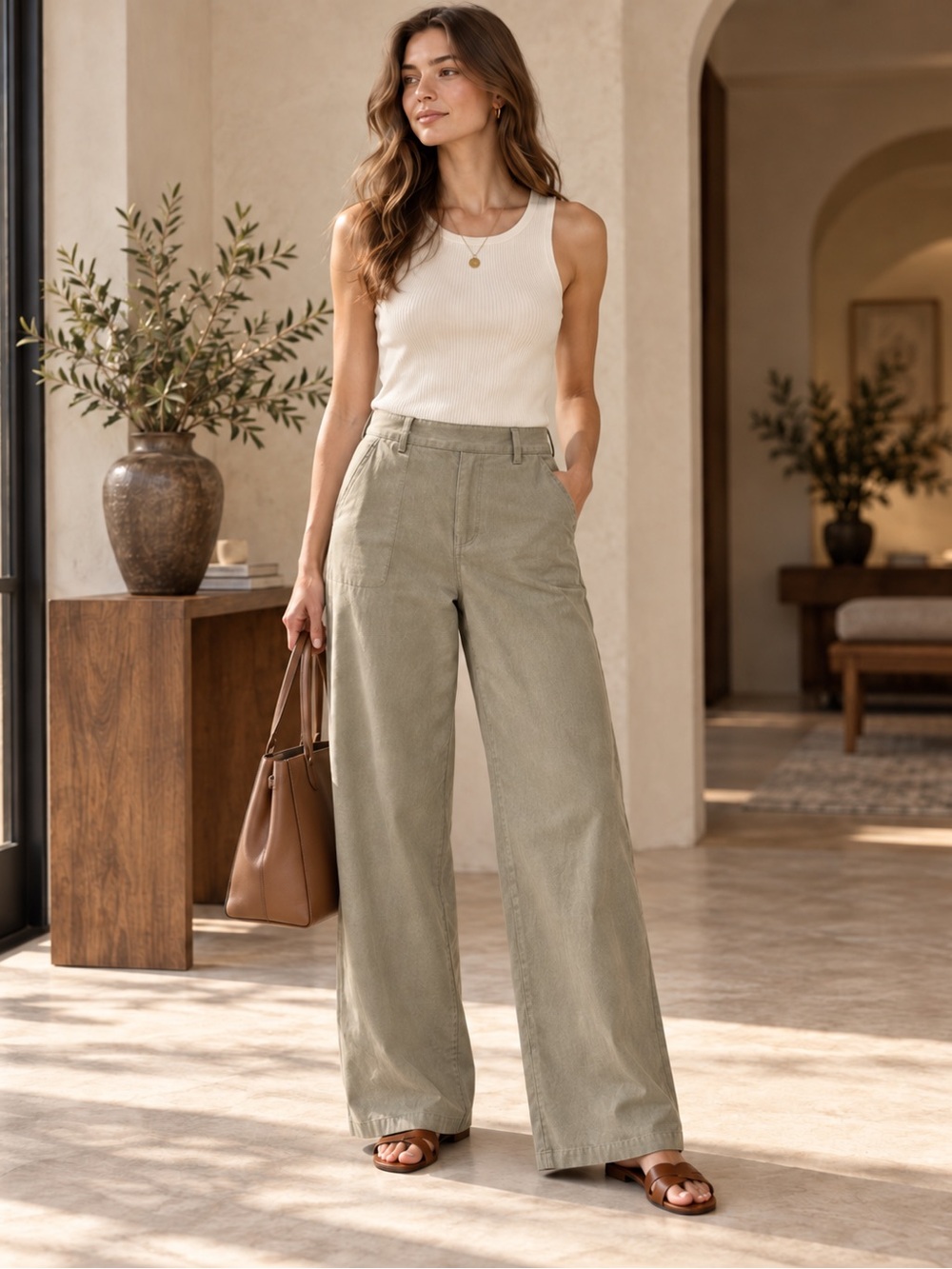 Banana Republic Everyday Wide Leg Pants XS Olive Khaki Tencel Cotton Trousers
